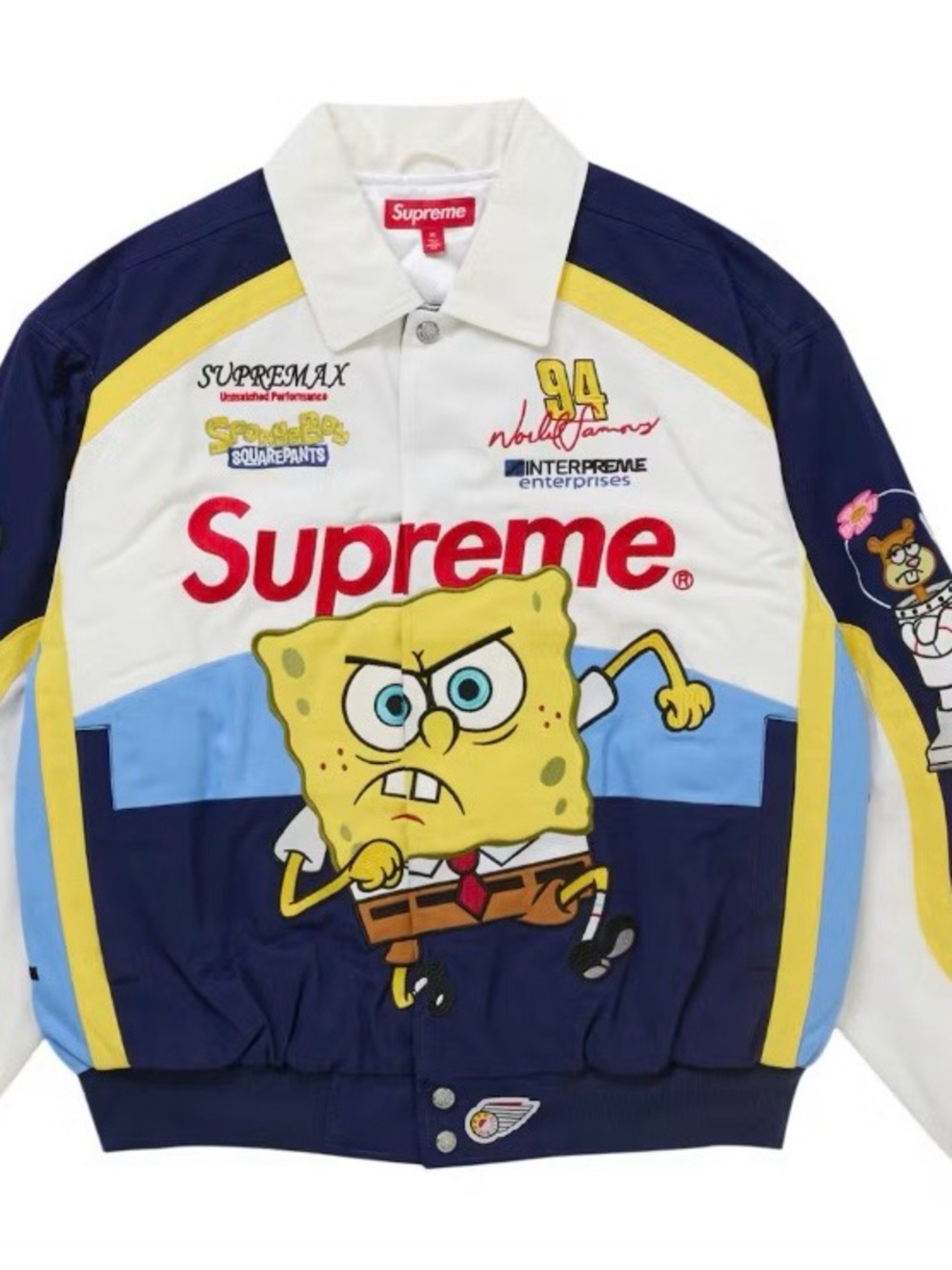 Supreme SpongeBob Racing Jacket in Navy, White & Yellow